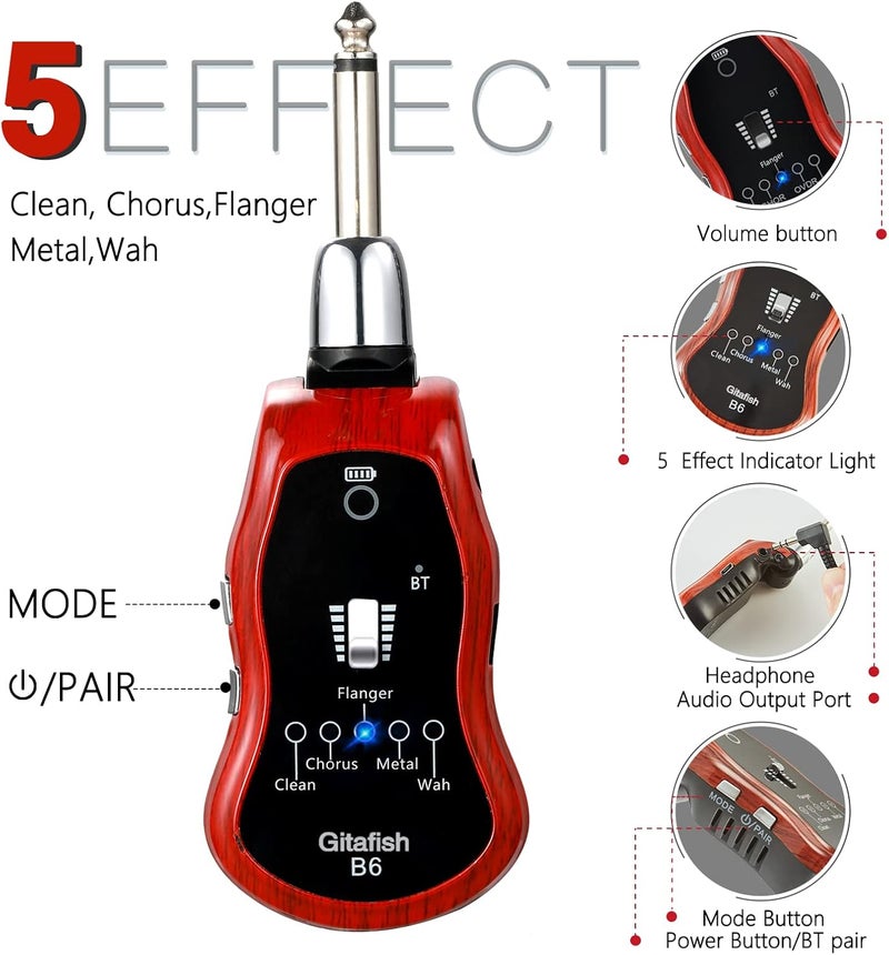 Gitafish Bass Headphone Amp,Bluetooth Amp Earphone,Gitar Headphones, Bluetooth Headphone Amps,Guitar Necklace, Portable Bass Amplifier, Multiple Effects Amps: Chorus,Metal,WAH - Image 4